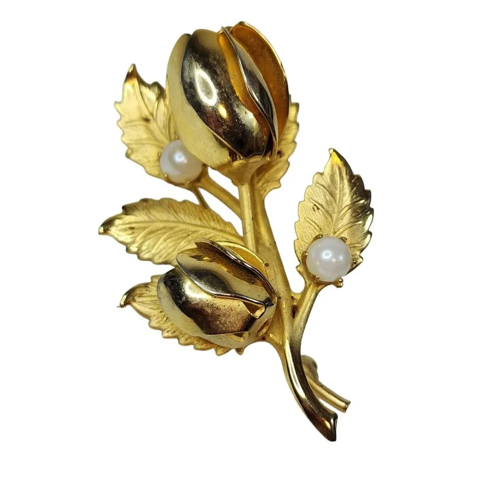 Vintage Gold Tone Roses Faux‎ Pearl Brooch Pin